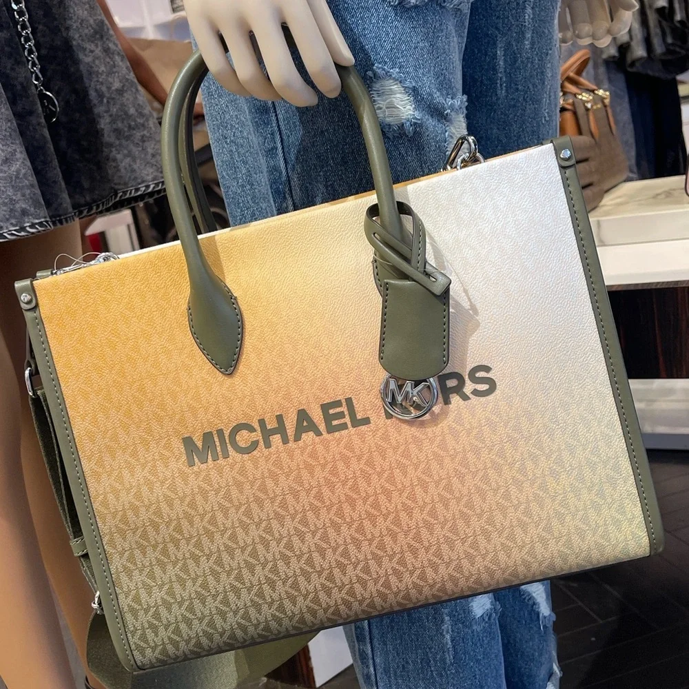 MICHAEL KORS Mirella Medium Ombré Signature Logo Tote Bag Olive Combo  NWT